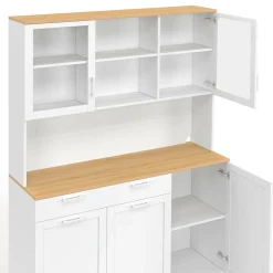 Buffet de cuisine vitré 120 cm 5 portes + 1 tiroir blanc et plateau façon hêtre