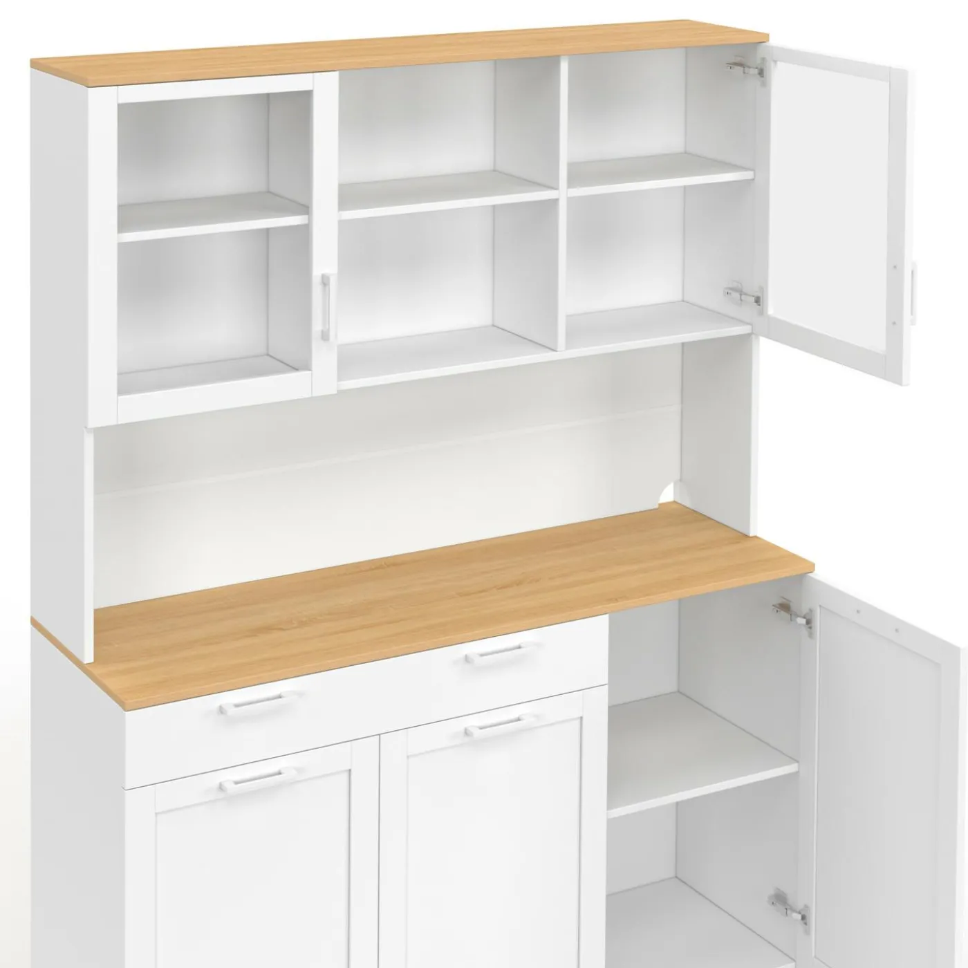 Buffet de cuisine vitré 120 cm 5 portes + 1 tiroir blanc et plateau façon hêtre