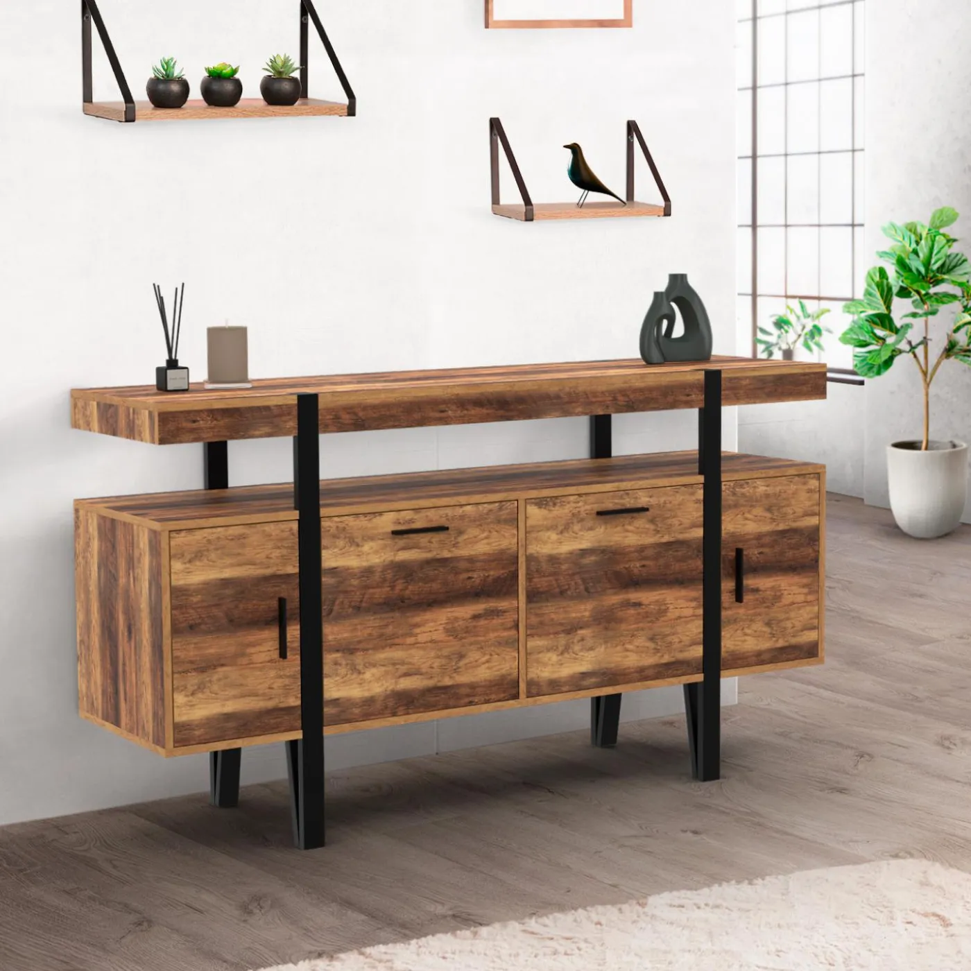 Buffet de salon industriel 4 portes bois et noir
