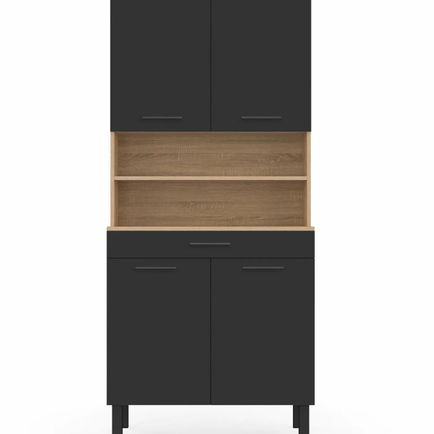 Buffet haut de cuisine bois façon hêtre 80 cm 4 portes + tiroir noir