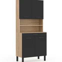Buffet haut de cuisine bois façon hêtre 80 cm 4 portes + tiroir noir