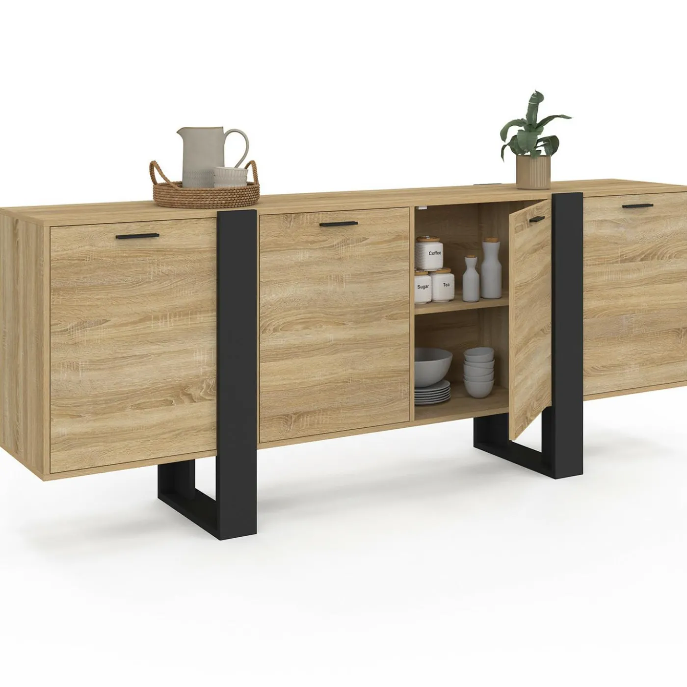 Buffet industriel 200 cm enfilade XXL bois et noir