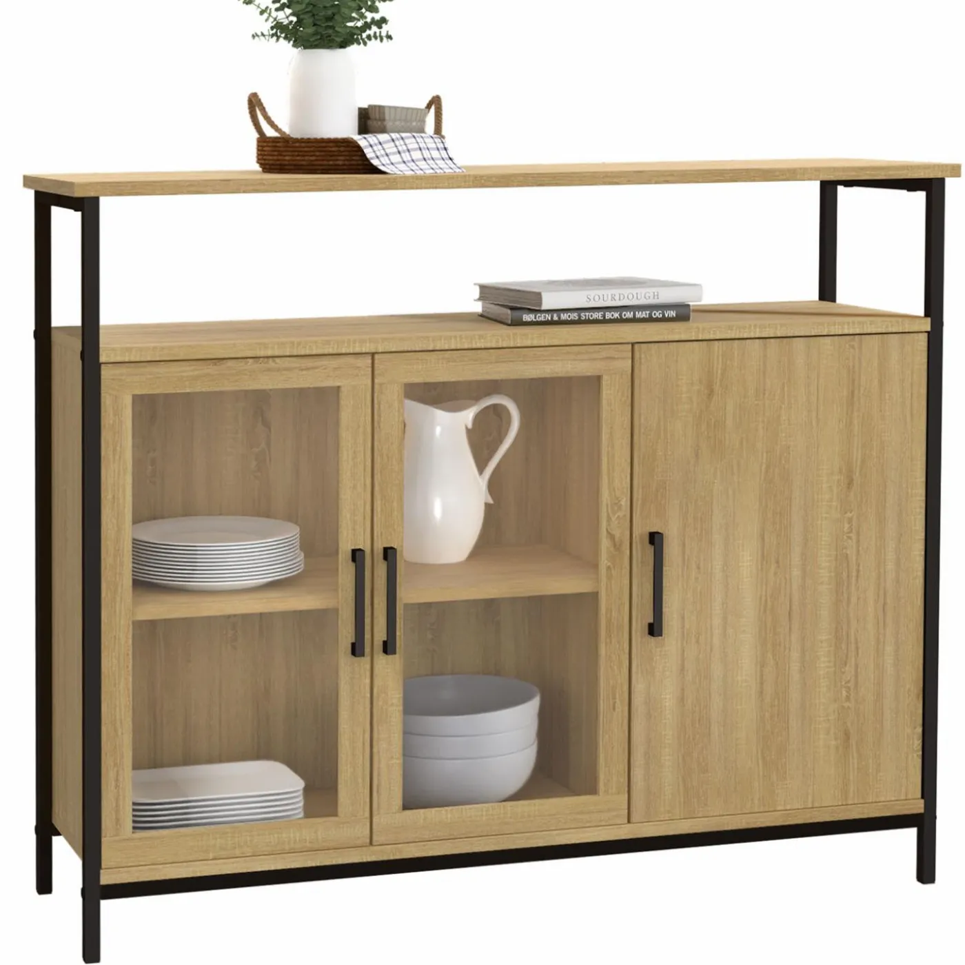 Buffet industriel avec 2 portes vitrées et placards 100 cm