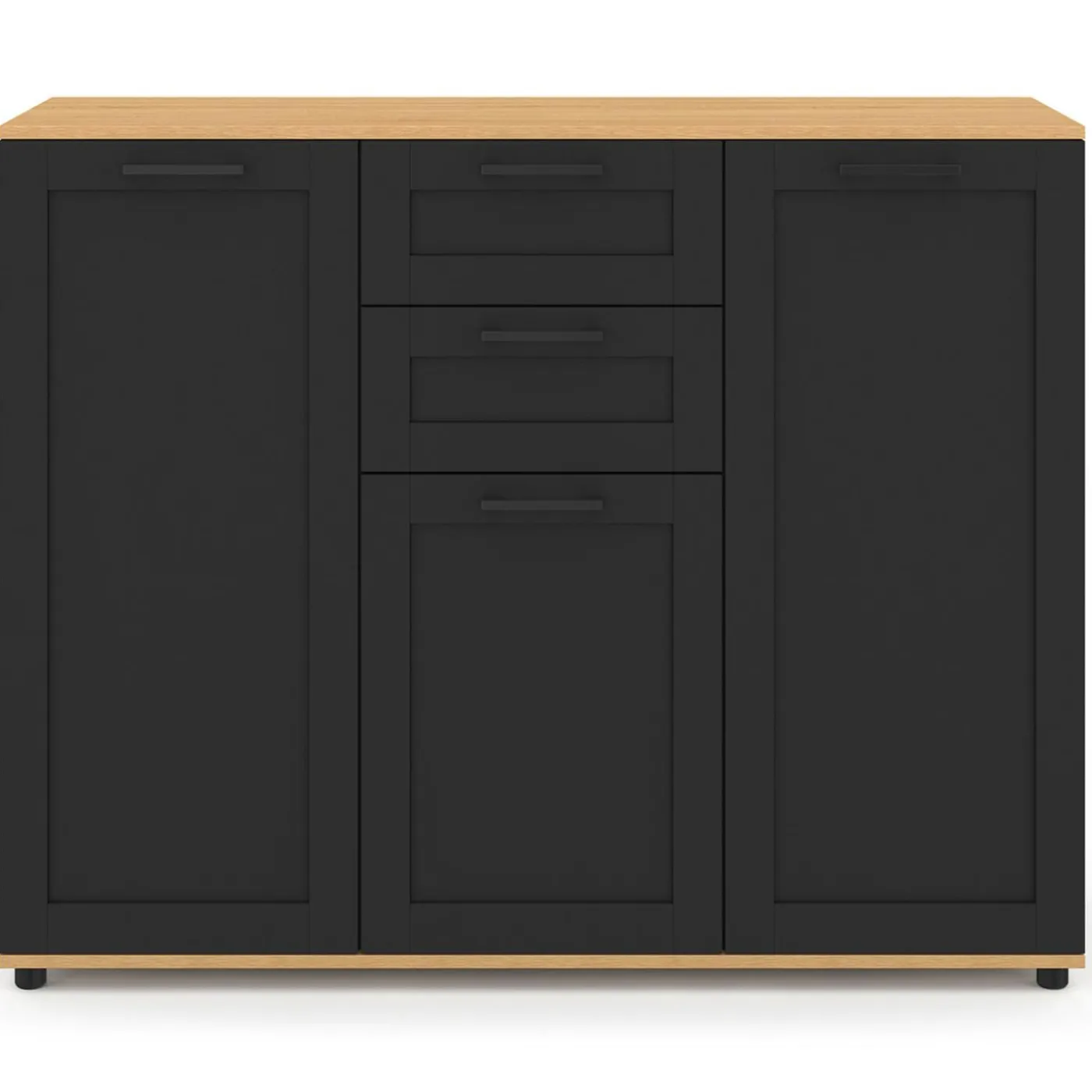 Buffet noir et plateau bois 100 cm avec 3 portes et 2 tiroirs