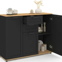 Buffet noir et plateau bois 100 cm avec 3 portes et 2 tiroirs