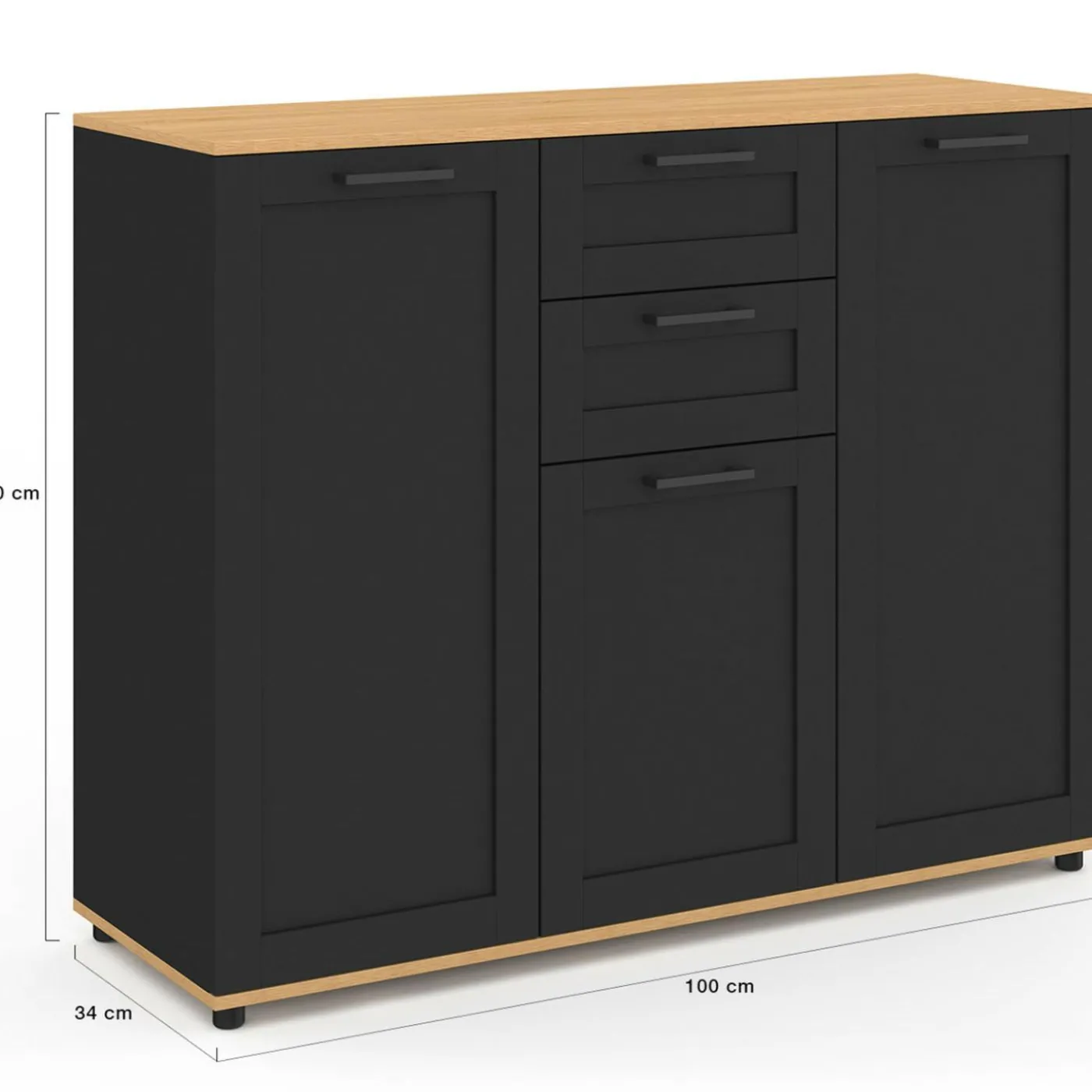 Buffet noir et plateau bois 100 cm avec 3 portes et 2 tiroirs