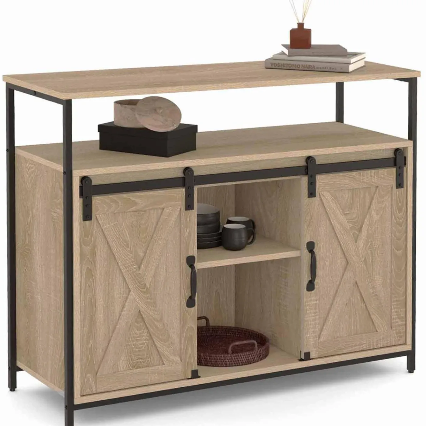 Buffet portes coulissantes grange bois clair effet vieilli