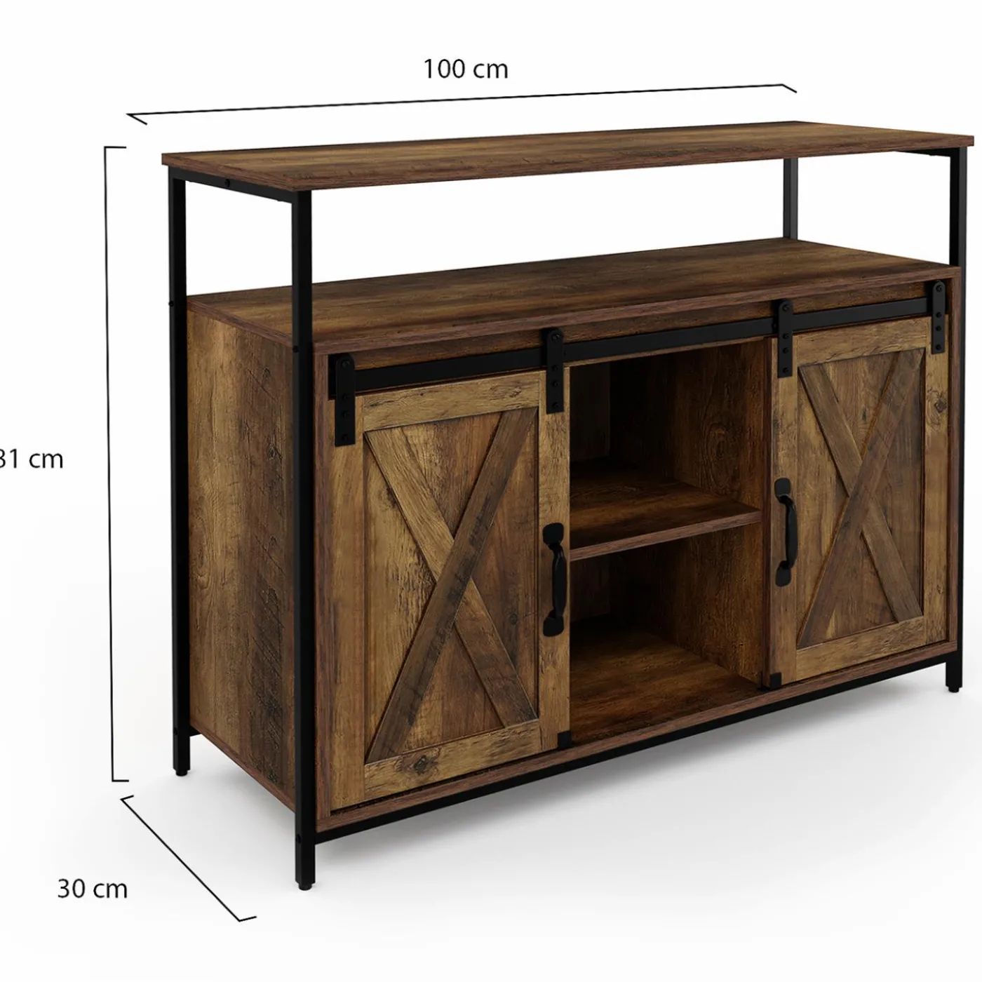 Buffet portes coulissantes grange bois foncé effet vieilli