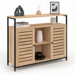 Buffet portes persiennes bois et métal noir