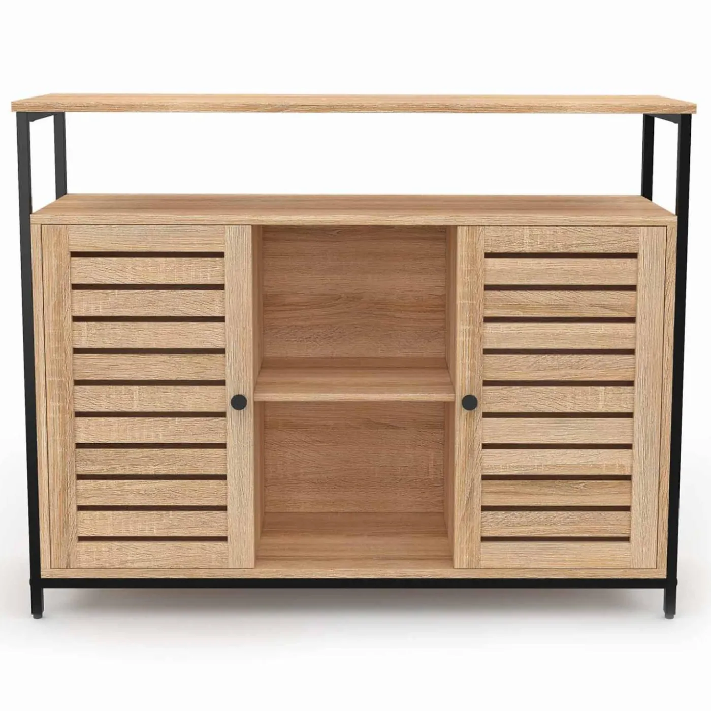 Buffet portes persiennes bois et métal noir