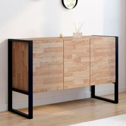 Buffet style industriel 3 portes bois et noir surélevé
