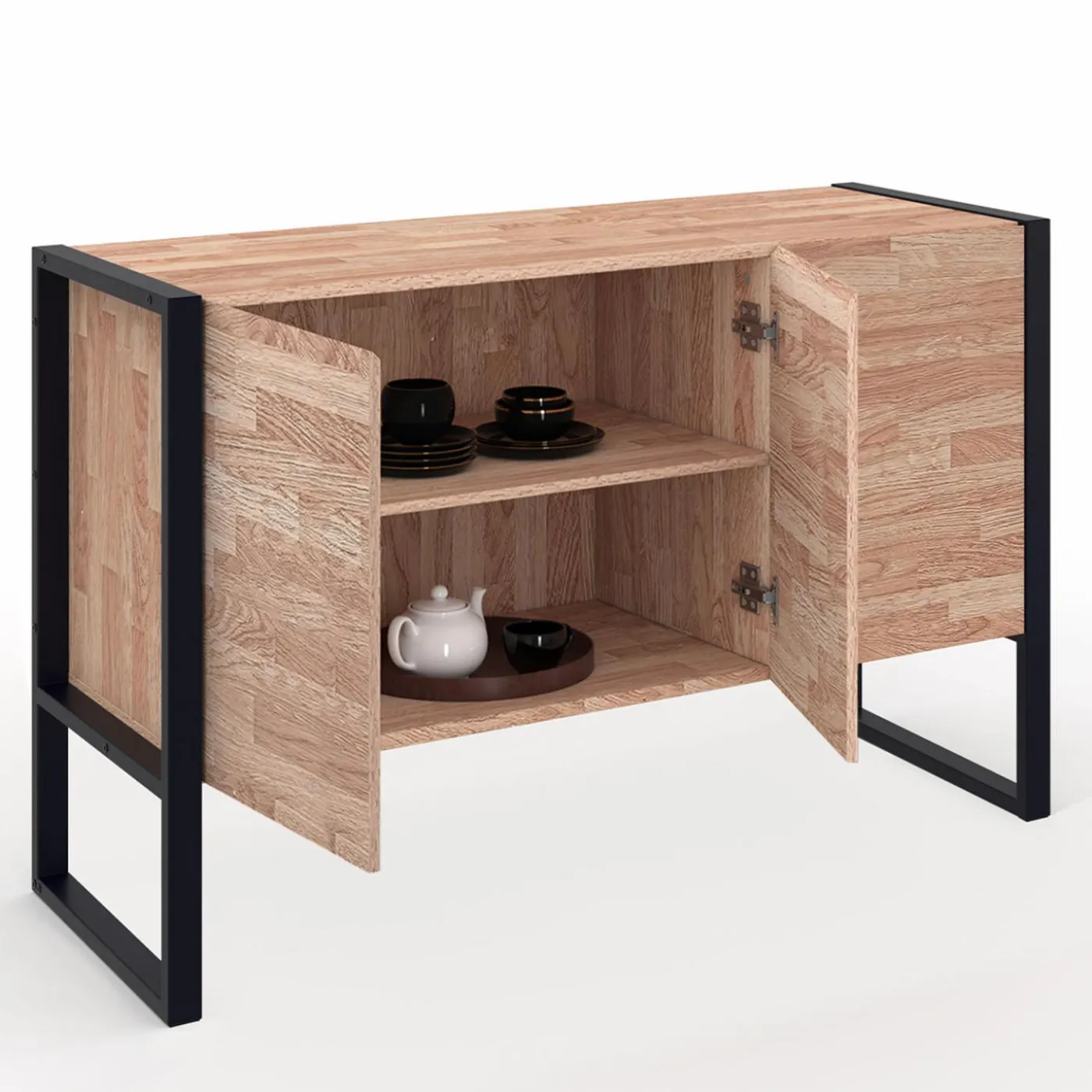 Buffet style industriel 3 portes bois et noir surélevé