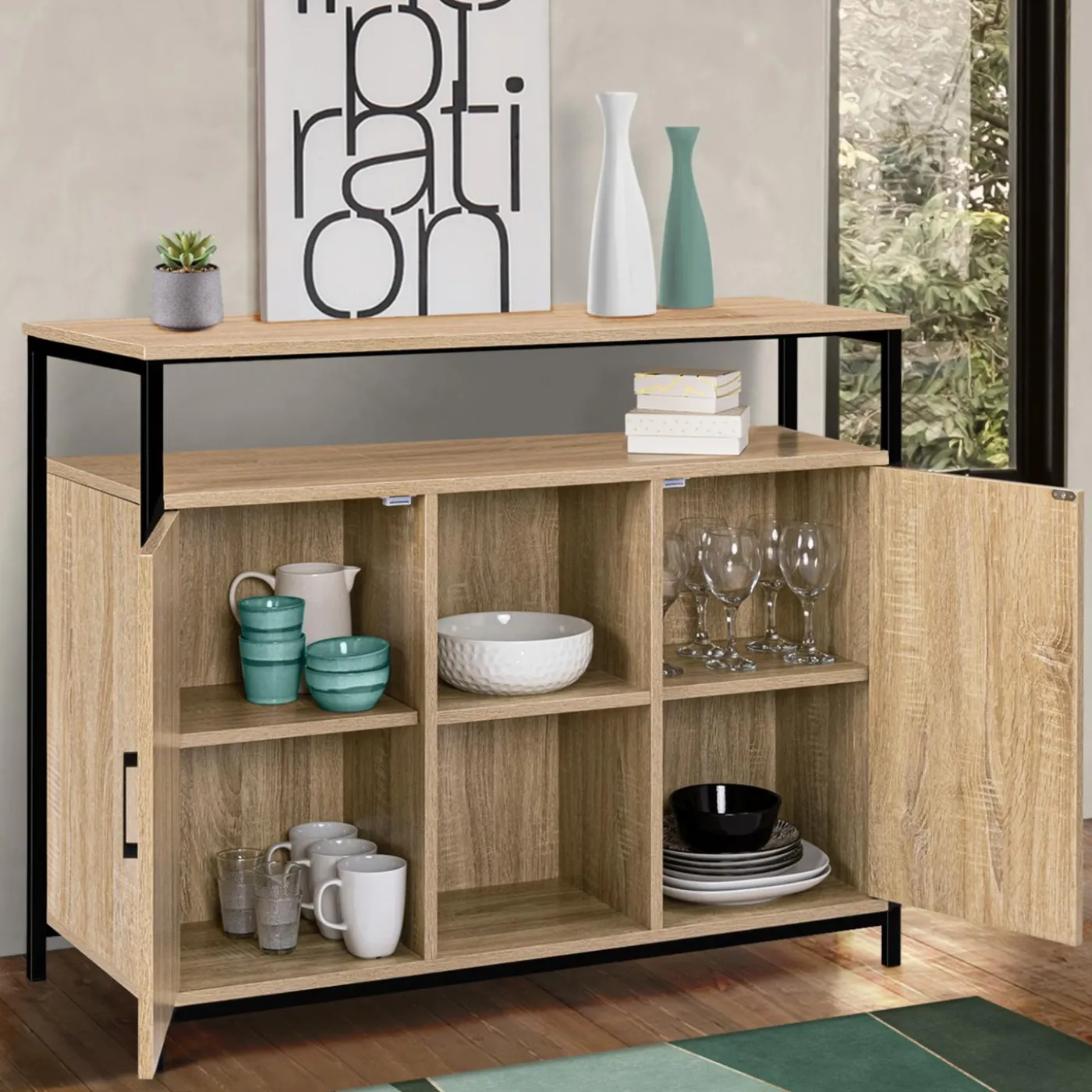Buffet style industriel avec 2 portes et étagères en bois et métal noir 100 cm