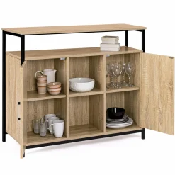 Buffet style industriel avec 2 portes et étagères en bois et métal noir 100 cm