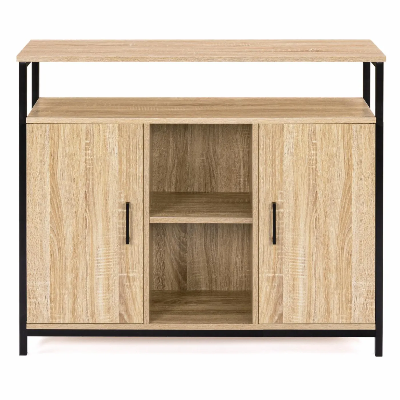 Buffet style industriel avec 2 portes et étagères en bois et métal noir 100 cm