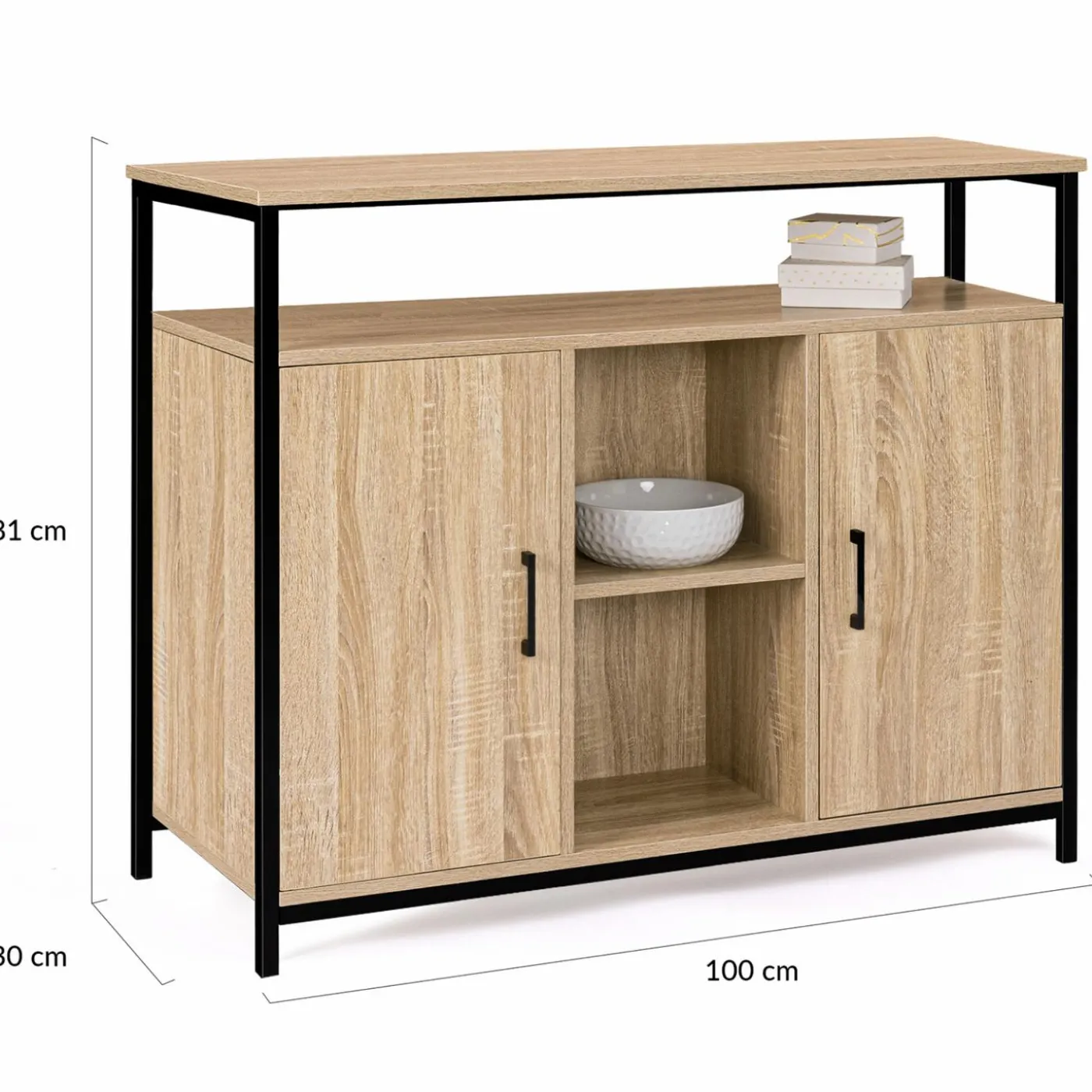 Buffet style industriel avec 2 portes et étagères en bois et métal noir 100 cm