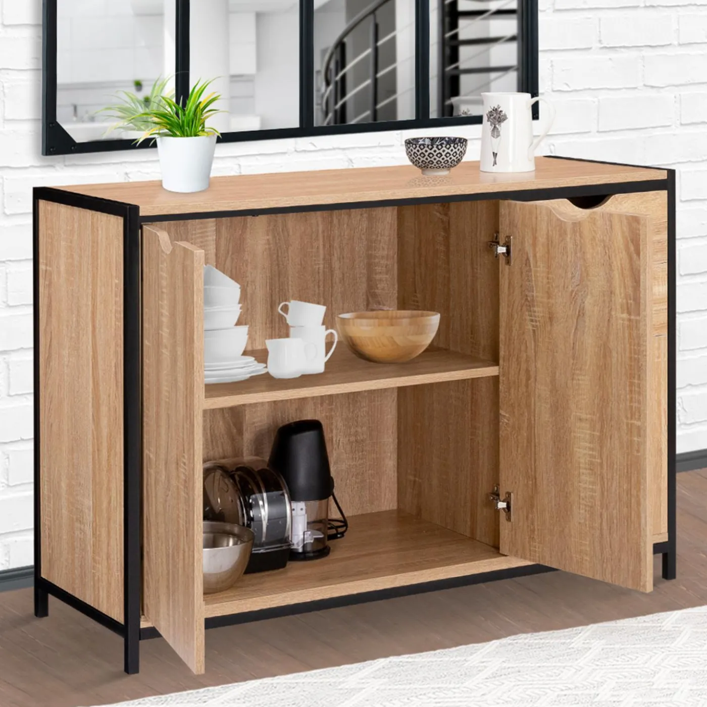 Buffet style industriel bois et métal noir 110 cm