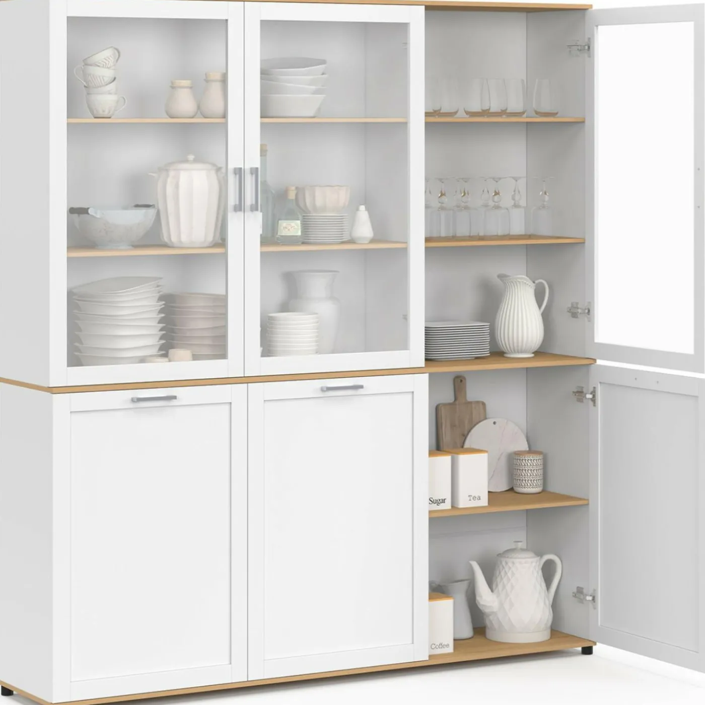 Buffet vaisselier 160 cm meuble de cuisine 6 portes blanc et bois