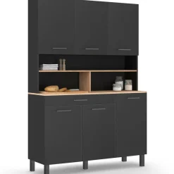 Buffet vaisselier noir 6 portes, 1 tiroir et plateaux façon hêtre