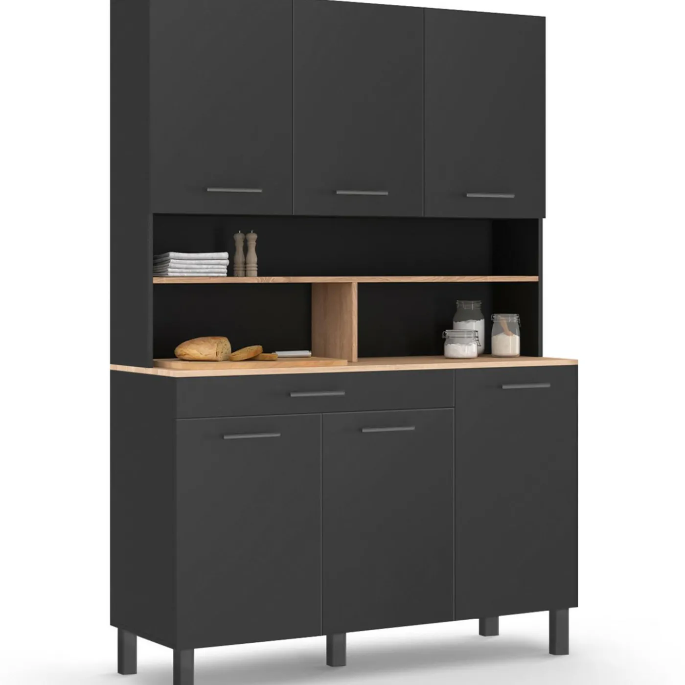 Buffet vaisselier noir 6 portes, 1 tiroir et plateaux façon hêtre