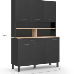 Buffet vaisselier noir 6 portes, 1 tiroir et plateaux façon hêtre