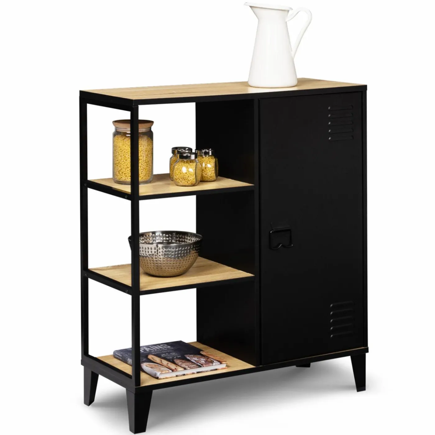 Buffet vestiaire métallique noir et plateaux bois