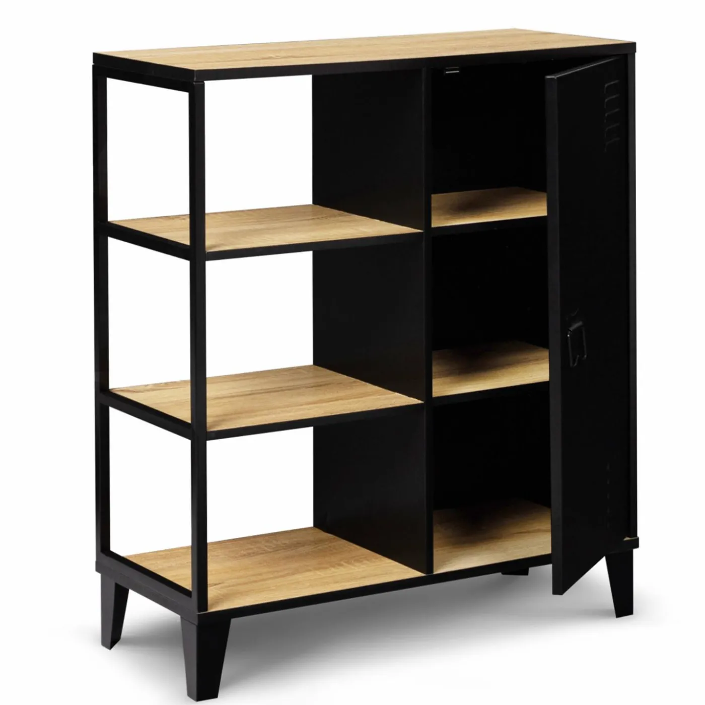 Buffet vestiaire métallique noir et plateaux bois