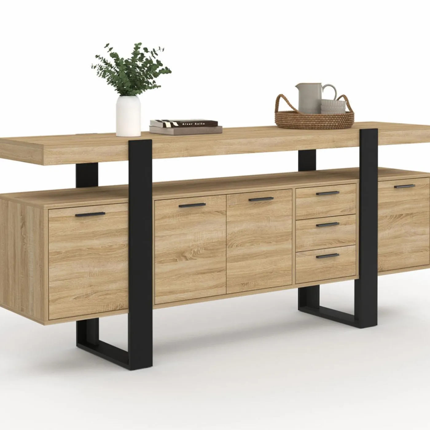 Buffet XXL 180 cm 4 portes 3 tiroirs bois et noir