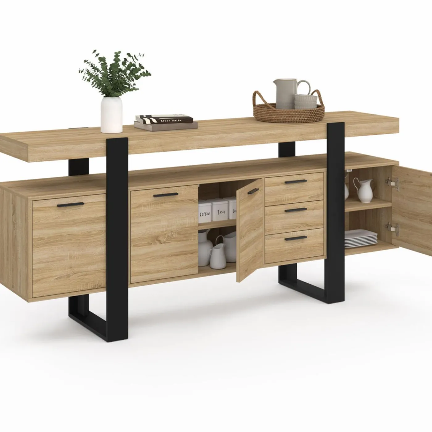 Buffet XXL 180 cm 4 portes 3 tiroirs bois et noir