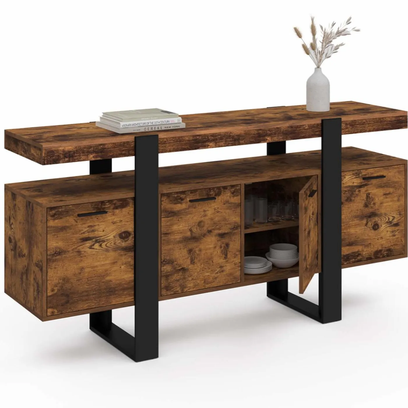 Buffet XXL 4 portes bois effet vieilli et noir 160 cm