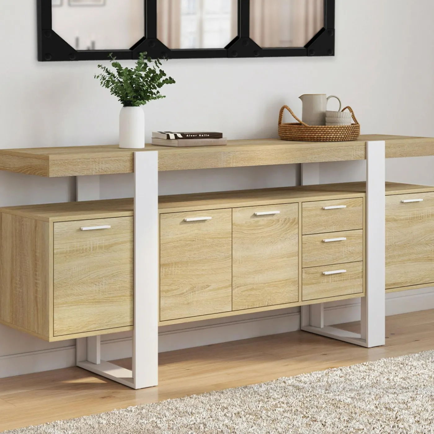 Buffet XXL bois et blanc industriel 180 cm 4 portes 3 tiroirs