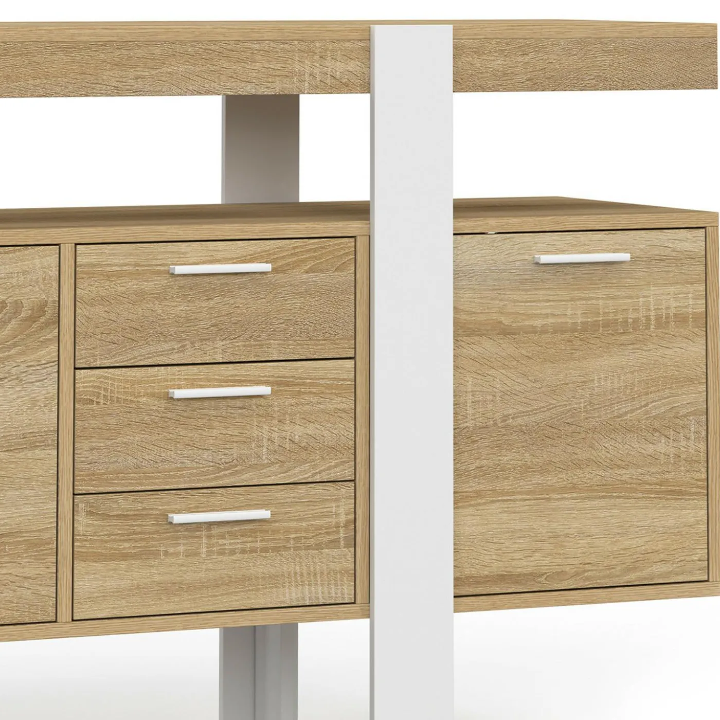 Buffet XXL bois et blanc industriel 180 cm 4 portes 3 tiroirs