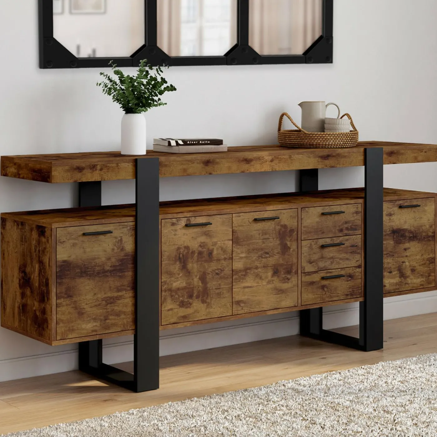 Buffet XXL bois et noir à l’effet vieilli de 180 cm avec 4 portes et 3 tiroirs