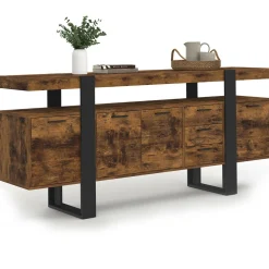 Buffet XXL bois et noir à l’effet vieilli de 180 cm avec 4 portes et 3 tiroirs