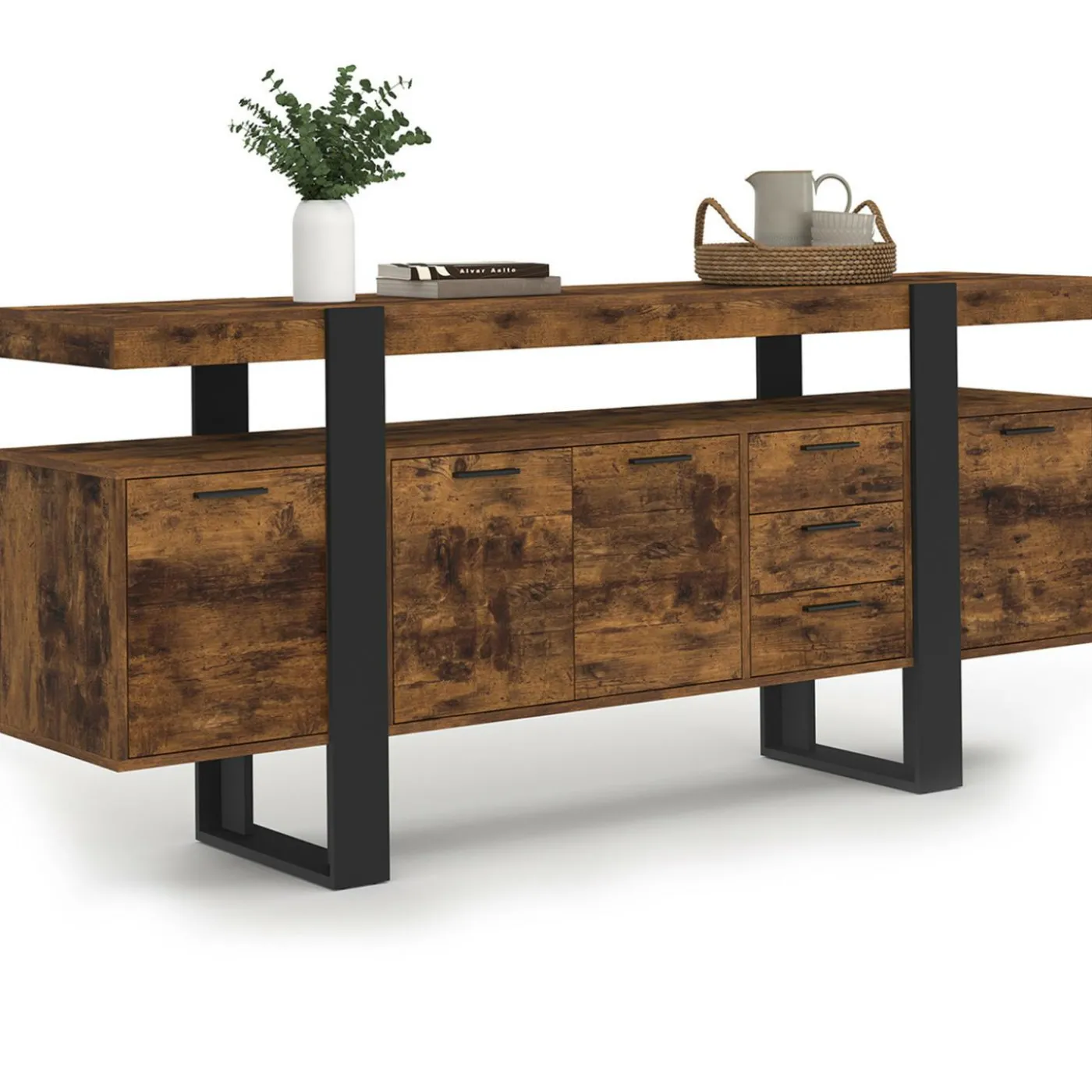 Buffet XXL bois et noir à l’effet vieilli de 180 cm avec 4 portes et 3 tiroirs