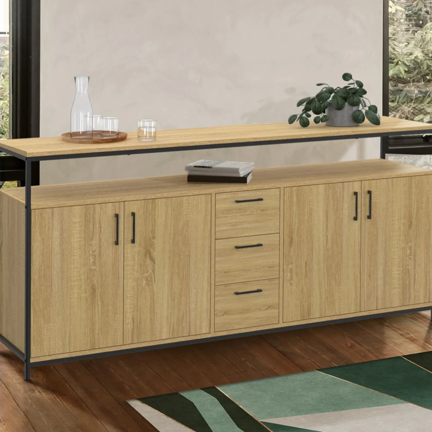 Buffet XXL bois et noir style industriel 180 cm 4 portes et tiroirs