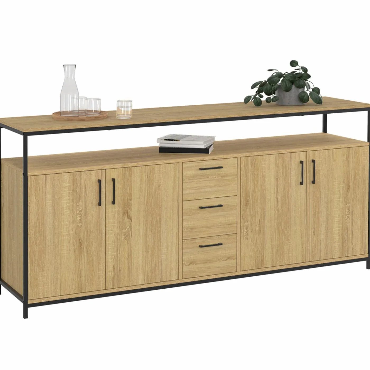 Buffet XXL bois et noir style industriel 180 cm 4 portes et tiroirs