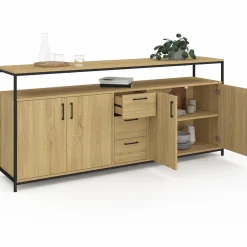 Buffet XXL bois et noir style industriel 180 cm 4 portes et tiroirs