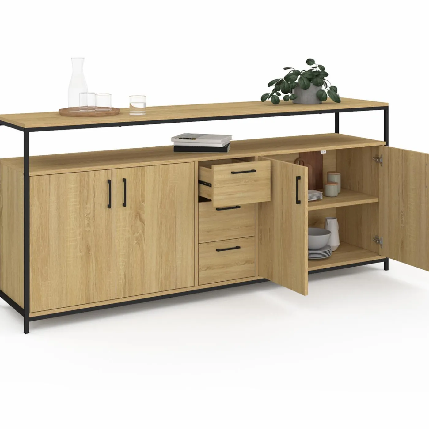 Buffet XXL bois et noir style industriel 180 cm 4 portes et tiroirs