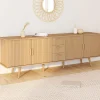 Buffet XXL de 180 cm avec 4 portes et 3 tiroirs à l’effet lattes et tasseaux en bois coloris chêne
