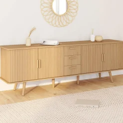 Buffet XXL de 180 cm avec 4 portes et 3 tiroirs à l’effet lattes et tasseaux en bois coloris chêne