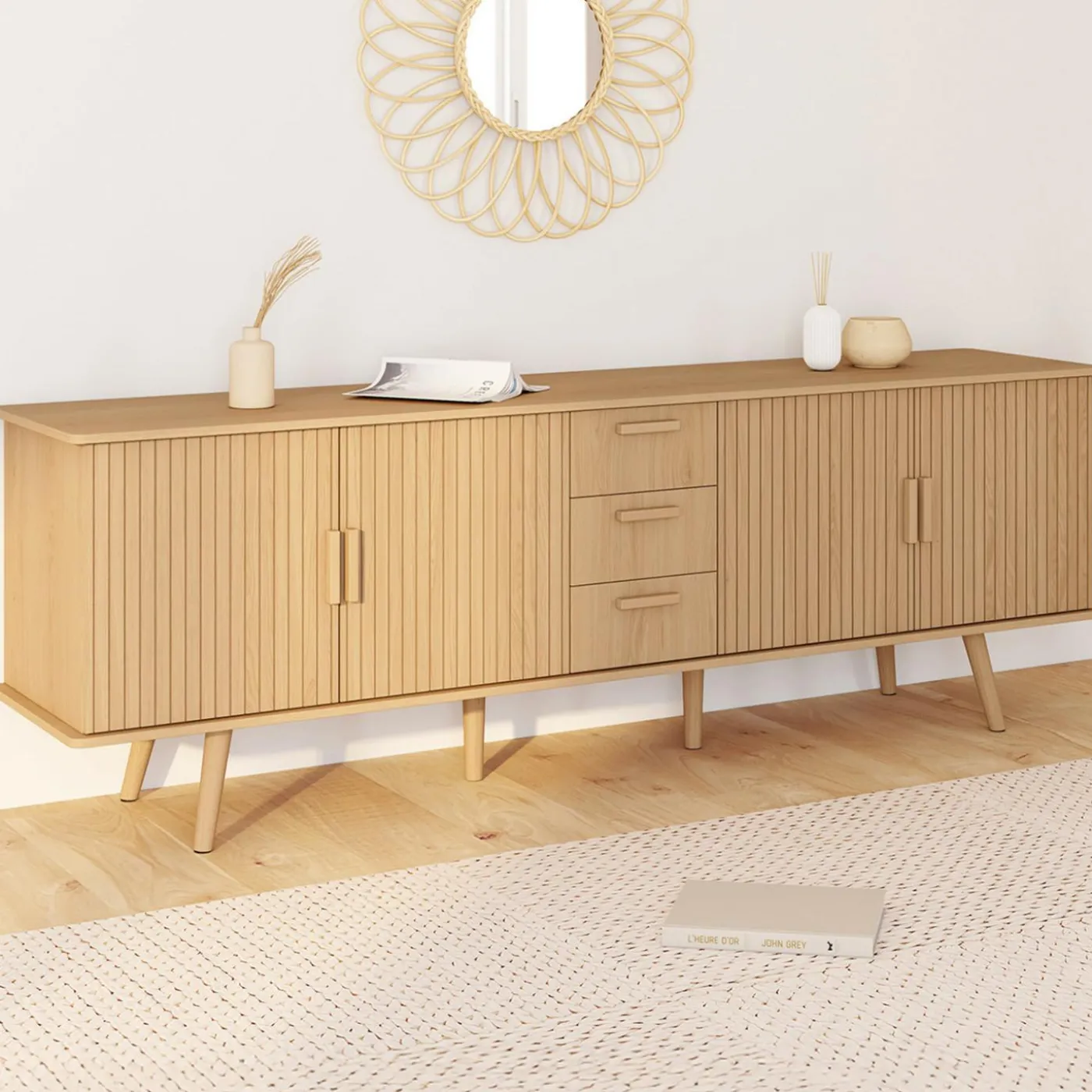 Buffet XXL de 180 cm avec 4 portes et 3 tiroirs à l’effet lattes et tasseaux en bois coloris chêne