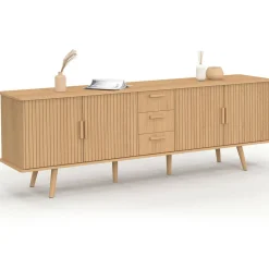 Buffet XXL de 180 cm avec 4 portes et 3 tiroirs à l’effet lattes et tasseaux en bois coloris chêne