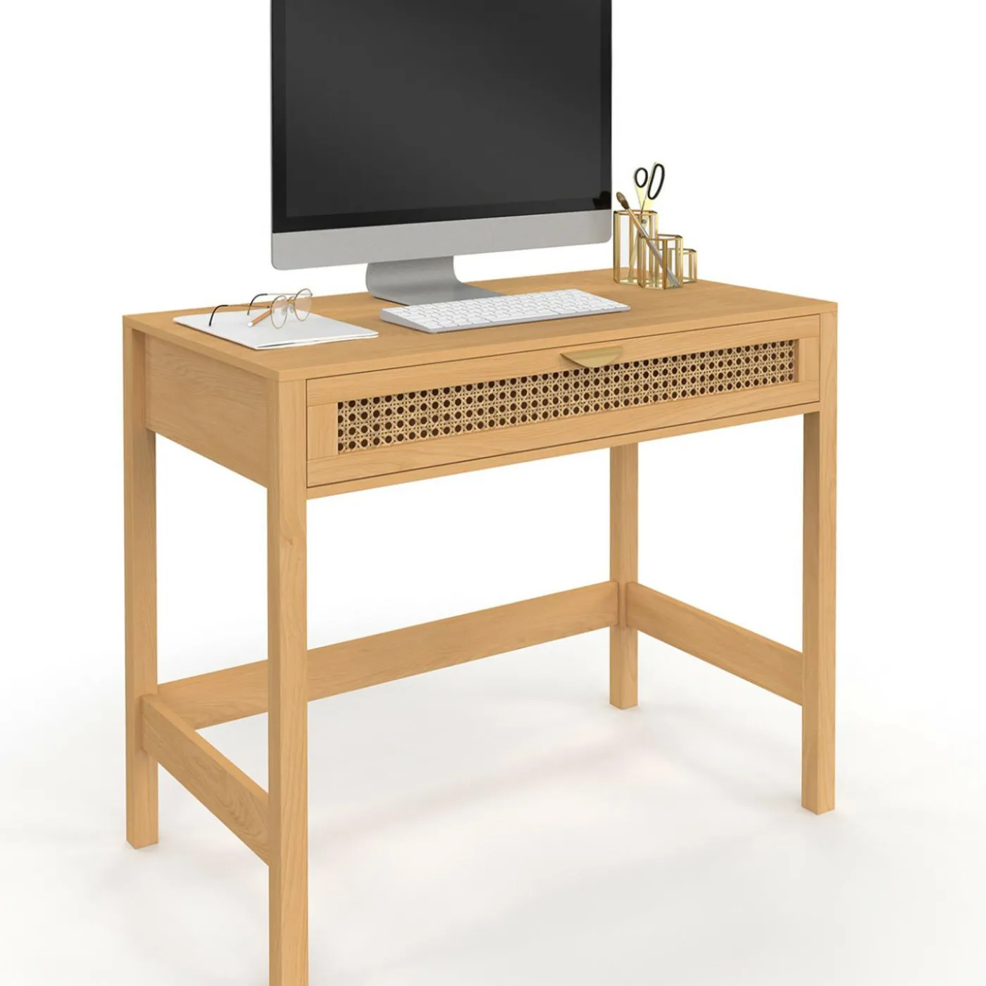Bureau 1 tiroir bois et cannage 90*50