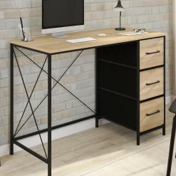 Bureau 3 tiroirs design industriel en tissu bois et noir