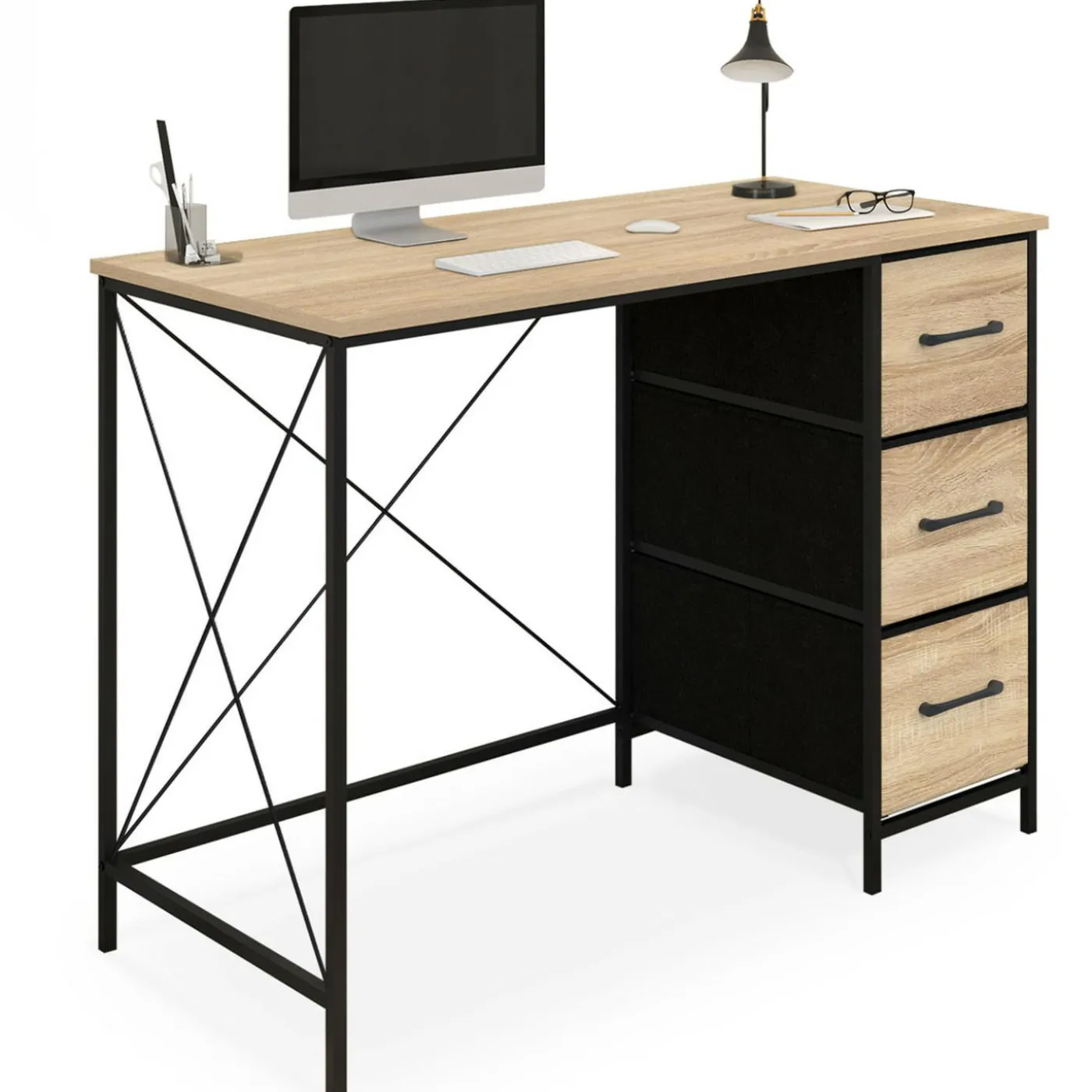 Bureau 3 tiroirs design industriel en tissu bois et noir