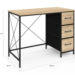 Bureau 3 tiroirs design industriel en tissu bois et noir
