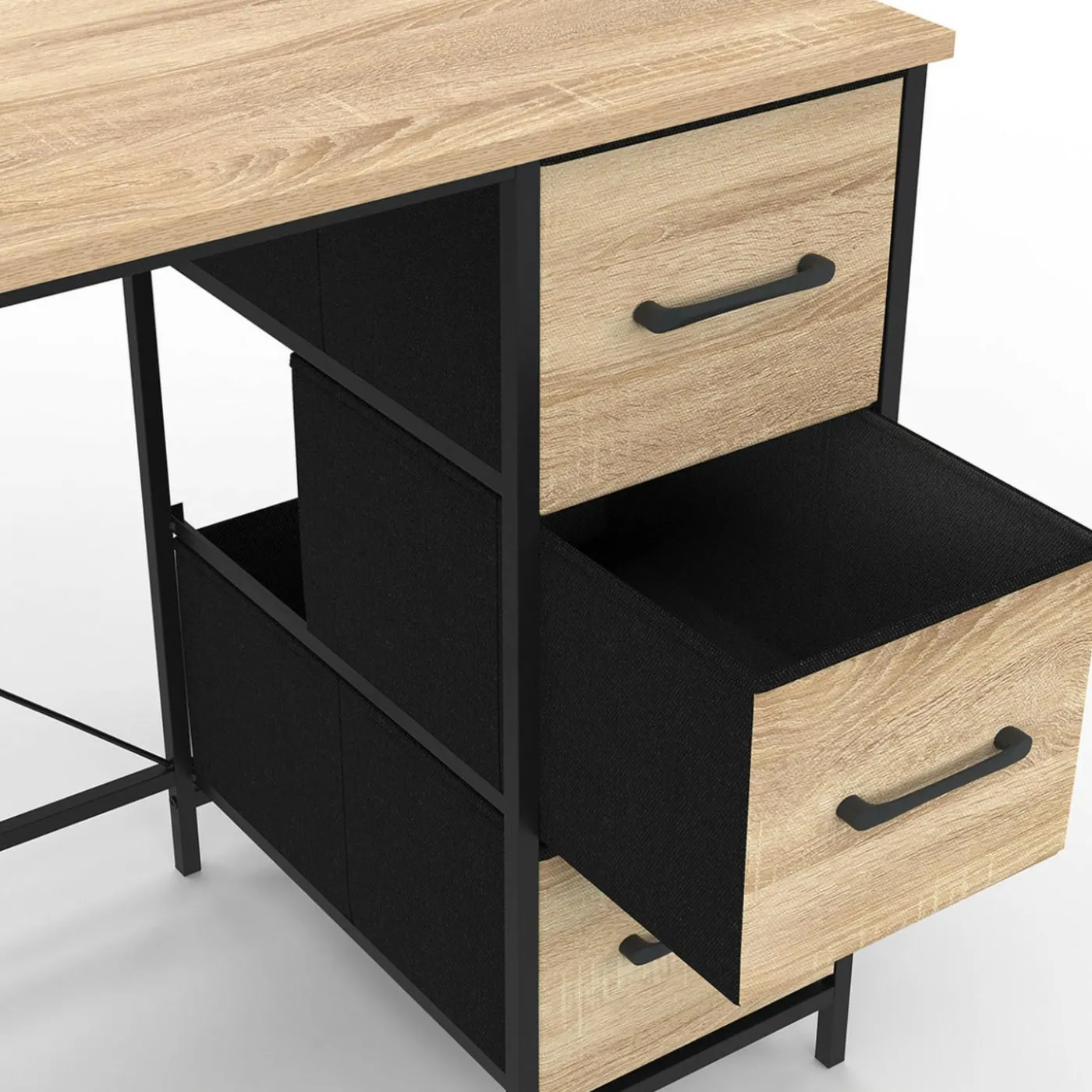 Bureau 3 tiroirs design industriel en tissu bois et noir