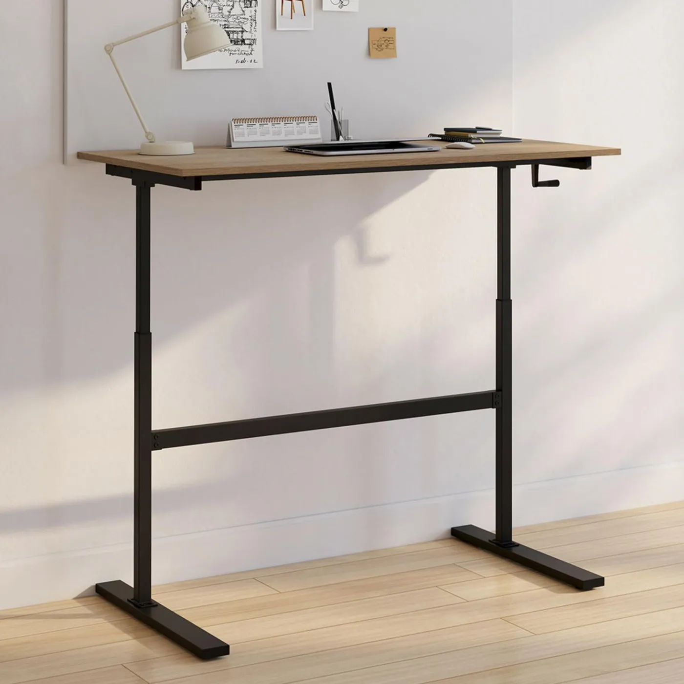 Bureau assis debout à manivelle hauteur réglable 70 - 120 cm bois façon hêtre et noir