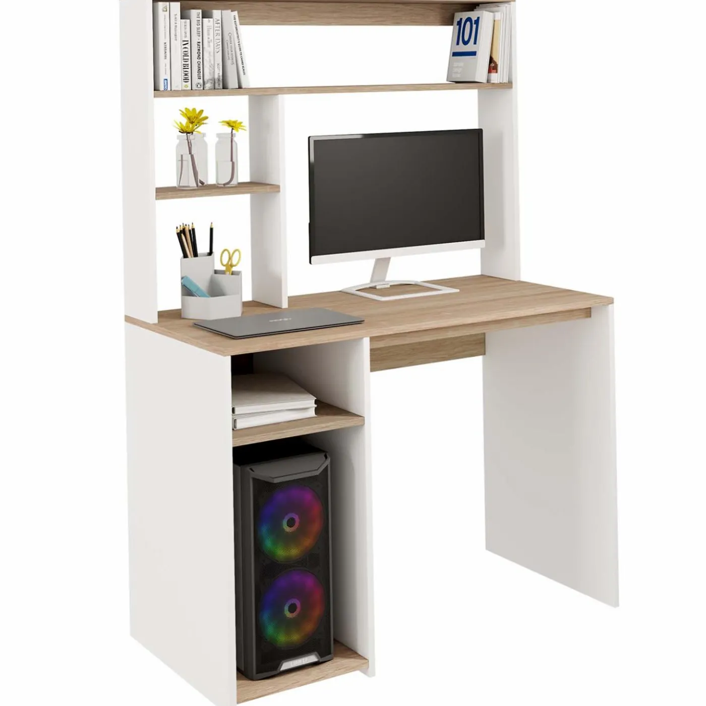 Bureau avec rangements blanc et bois façon hêtre